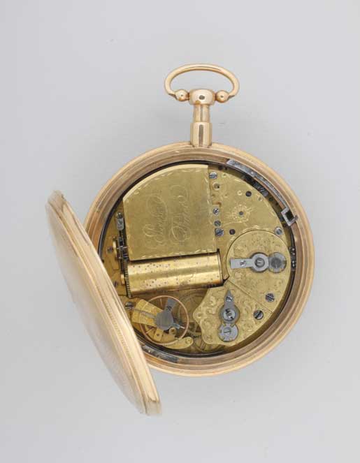 Taschenuhr mit Viertelstunden-Repetition und Zylinder-Musikwerk.
