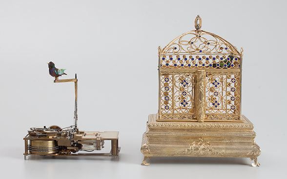 Birdcage with bird automaton and musical mechanism