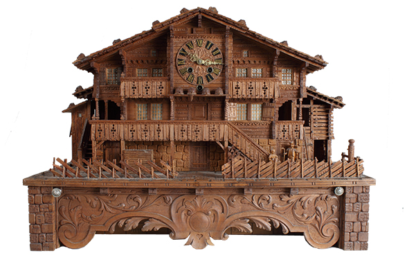 Chalet with clock and musical mechanism